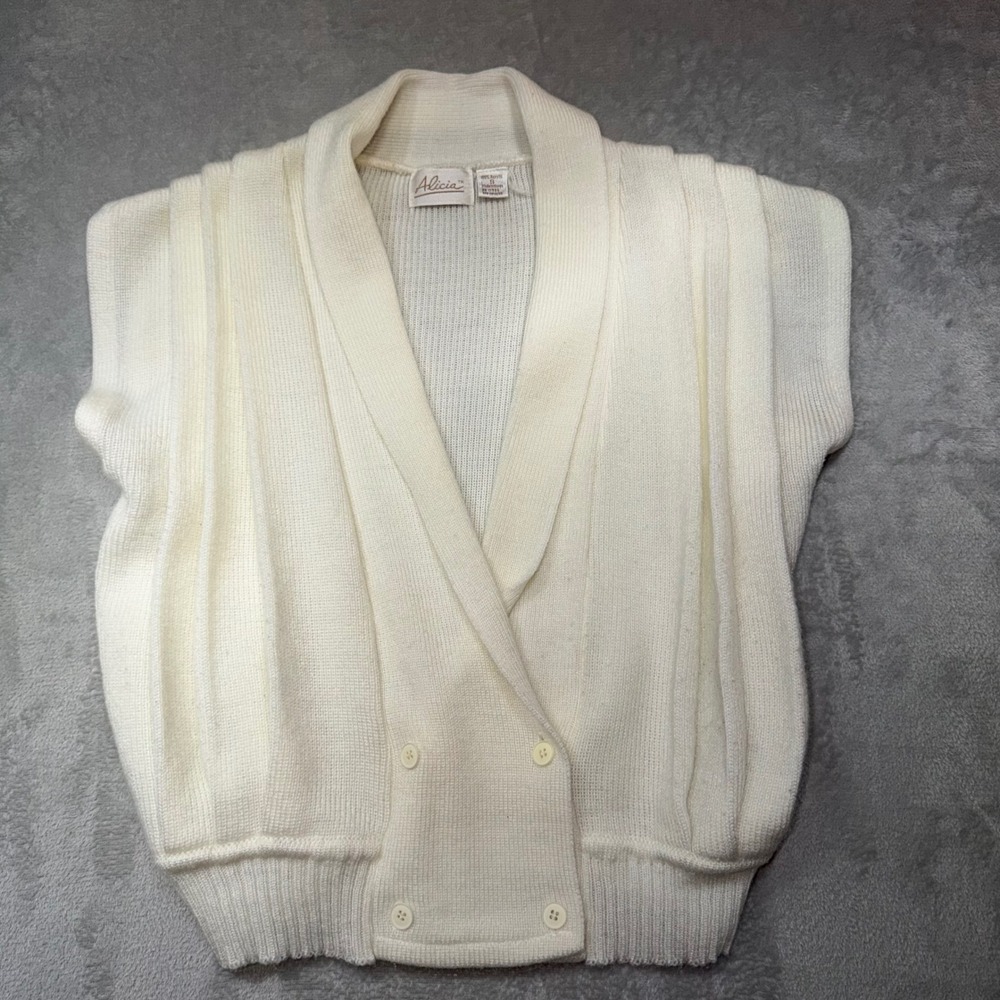 Vintage‎ 80s Cream Double Breasted Knit Vest Shawl Collar Pleated Shoulder Small
